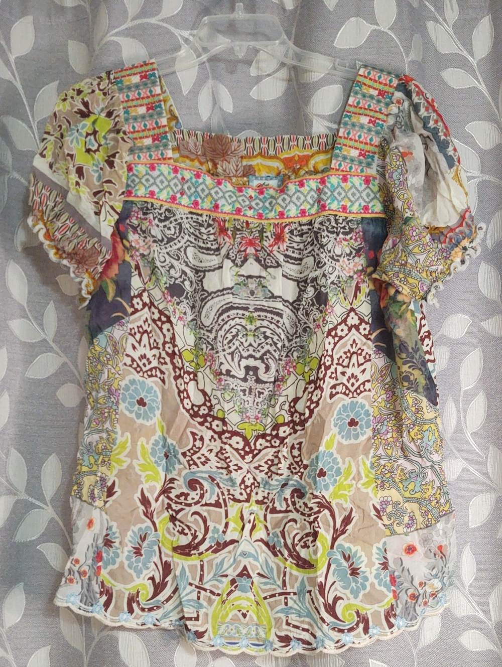 Johnny Was Bohemian Floral Print Puff-Sleeve Embroidered Top size L